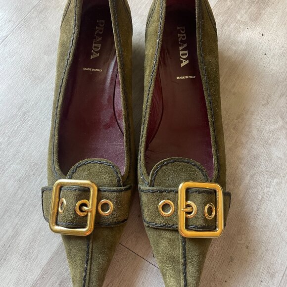 Prada Green Suede Gold Buckle Kitten Heel Mules. - Picture 7 of 7